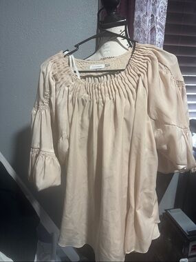 Blu Pepper Light Cream Smocked Neck Peasant Top